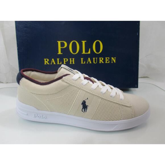 Men's Polo Ralph Lauren Heritage court II Knit Sneaker Ecru /Navy Wine Size 10.5